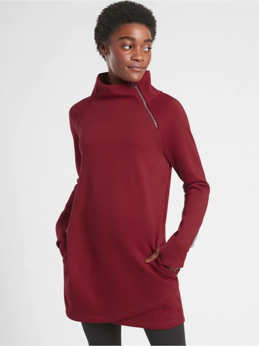 Athleta Cozy Karma Asym Wine Red Asymmetrical Zip Sweatshirt Dress Size XL